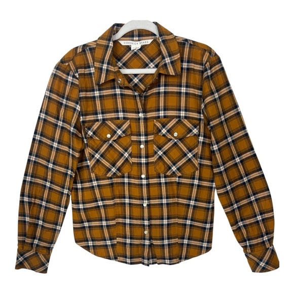 Veronica Beard Sz 10 Barnette Plaid Flannel Pearl Snap Button Down Shirt Gold - Picture 2 of 11